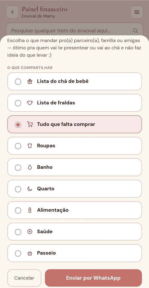 Tela de compartilhar lista por WhatsApp