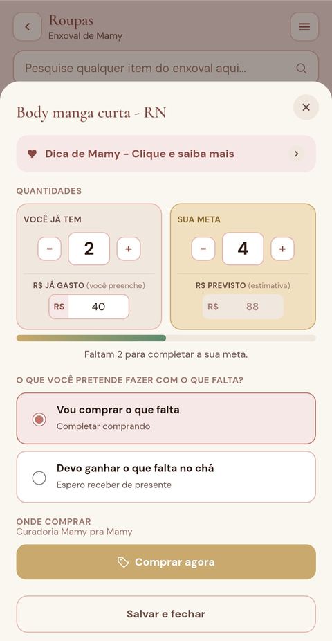 Detalhe de um item com dica de Mamy
